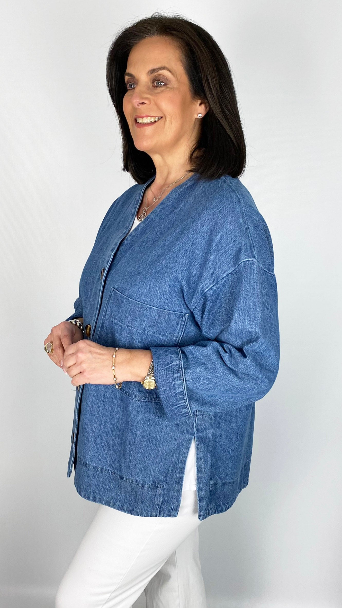 Collarless Denim Jacket with Patch Pocket | Denim | by Malissa J