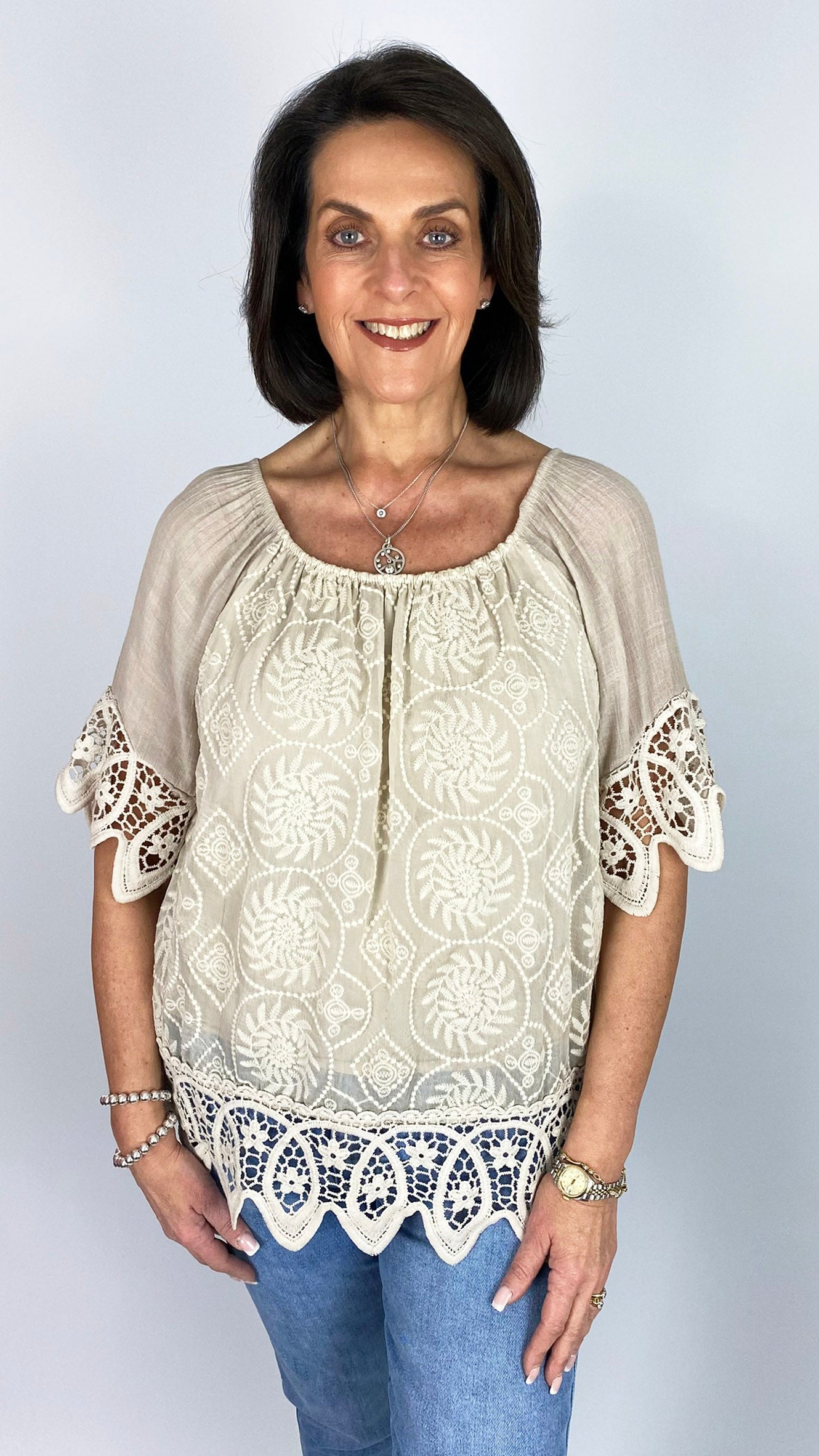 Crochet trimmed on/off-the-shoulder embroidered top | 6 Colours