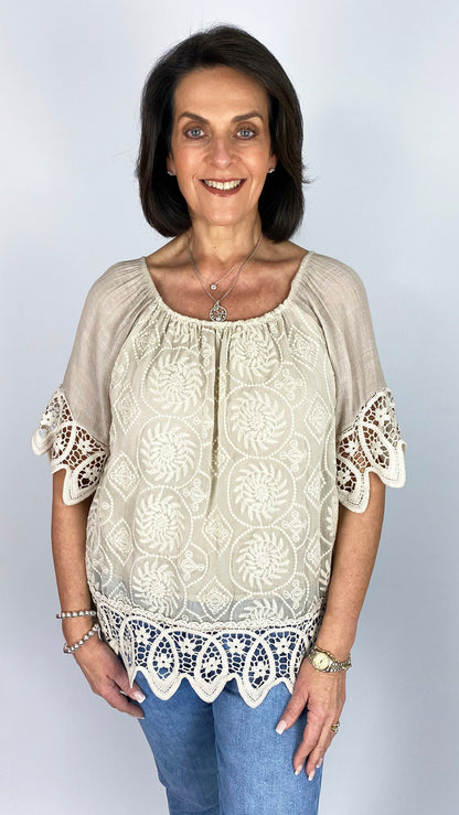 Crochet trimmed on/off-the-shoulder embroidered top | 6 Colours