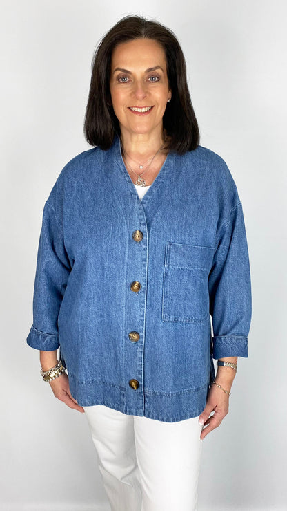 Collarless Denim Jacket with Patch Pocket | Denim | by Malissa J