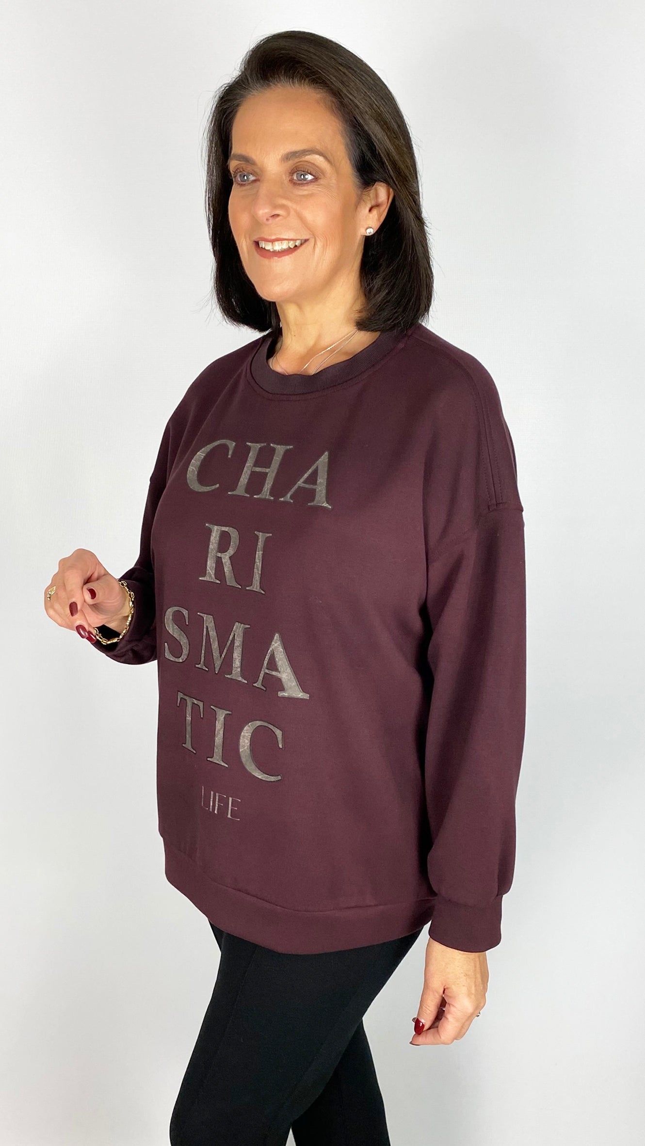 'Charismatic' slogan sweatshirt | Bordeaux/Gun Metal | by Mat