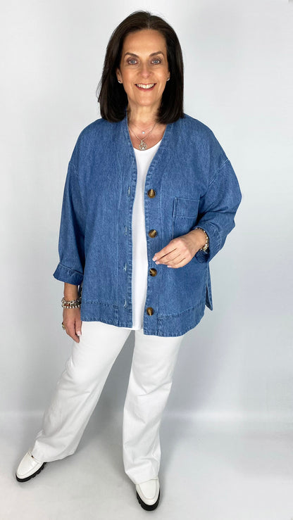 Collarless Denim Jacket with Patch Pocket | Denim | by Malissa J