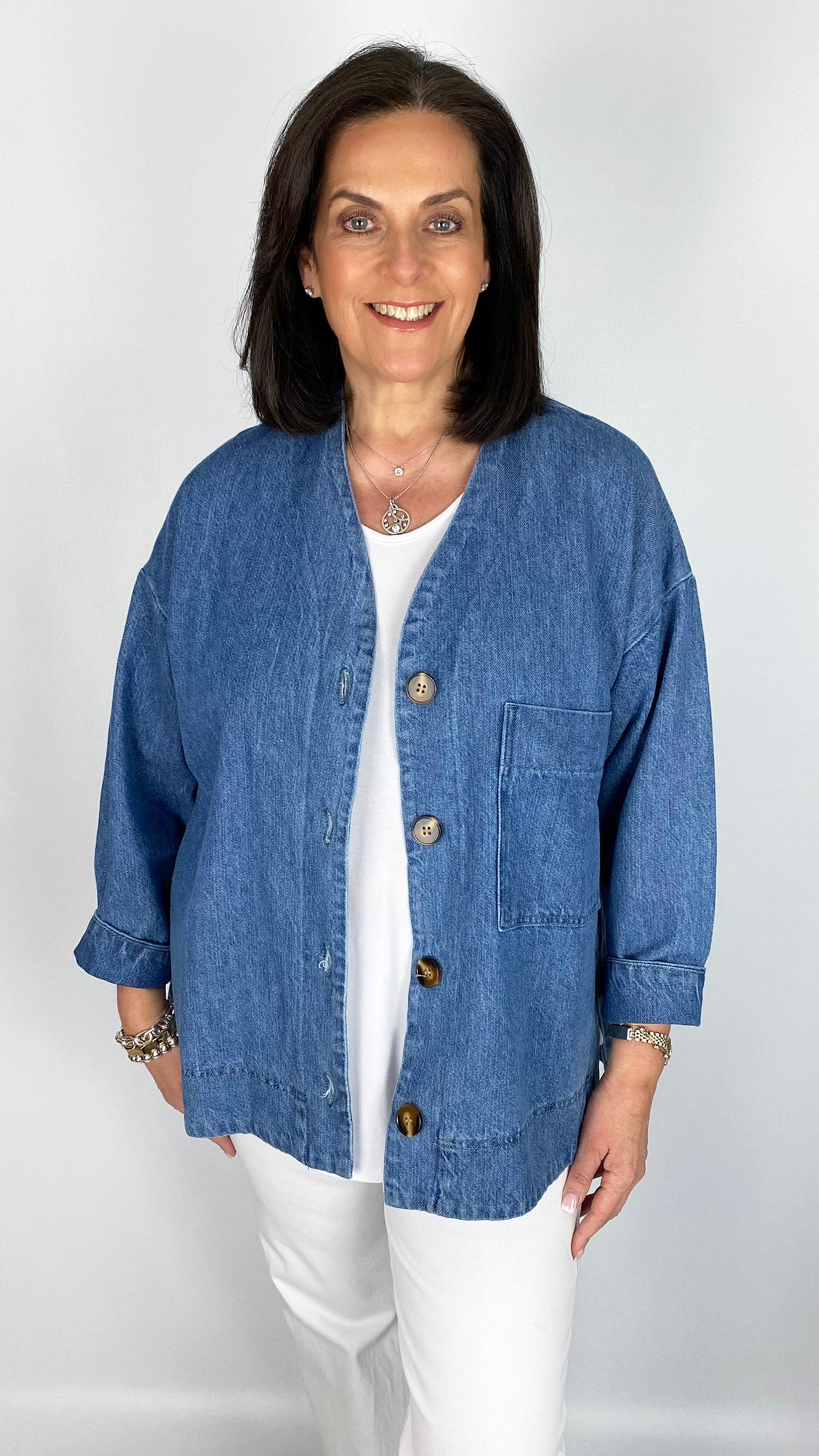 Collarless Denim Jacket with Patch Pocket | Denim | by Malissa J