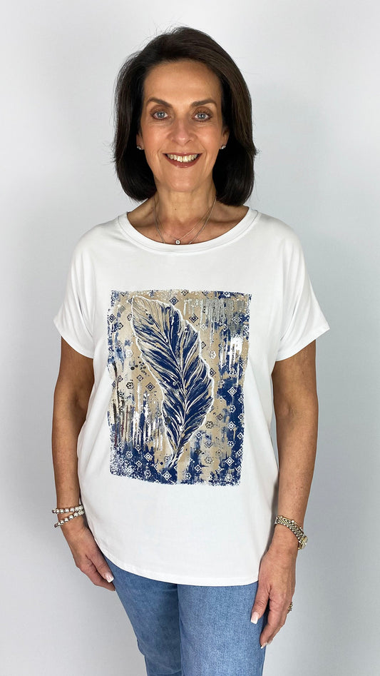 Designer-inspired feather graphic T-shirt | White/Blue