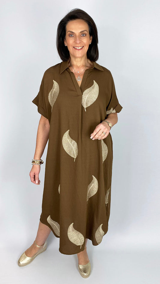 Gold embroidered leaf v-neck oversized shirtdress | 2 Colours