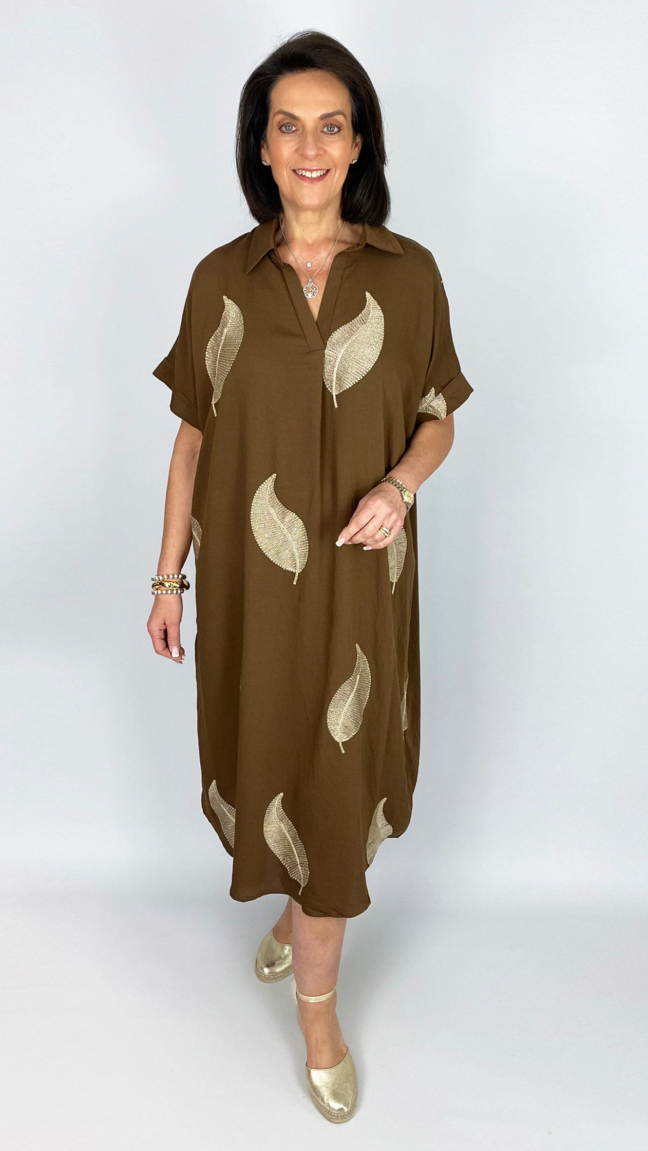 Gold embroidered leaf v-neck oversized shirtdress | 2 Colours