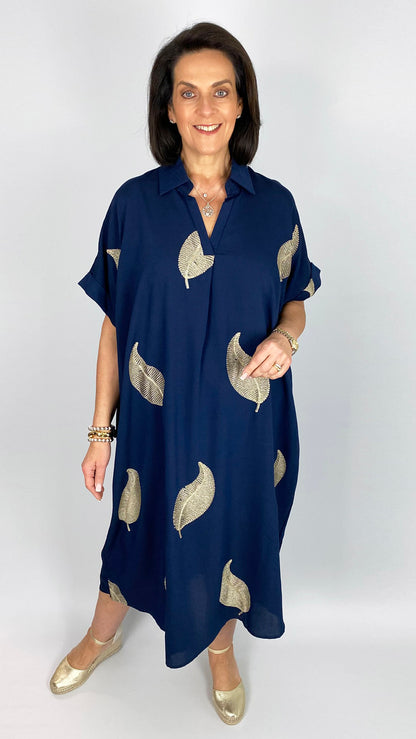 Gold embroidered leaf v-neck oversized shirtdress | 2 Colours