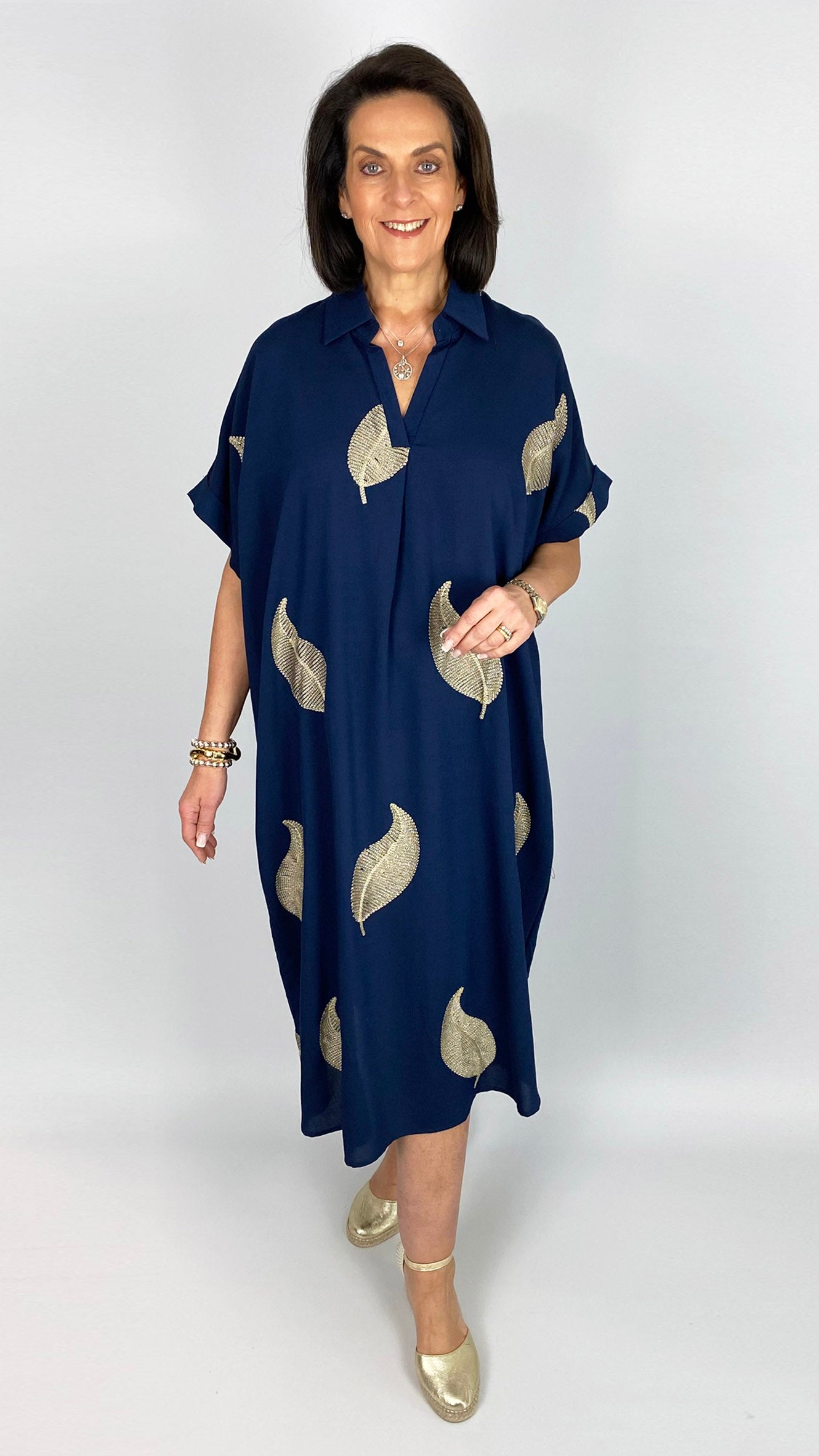 Gold embroidered leaf v-neck oversized shirtdress | 2 Colours