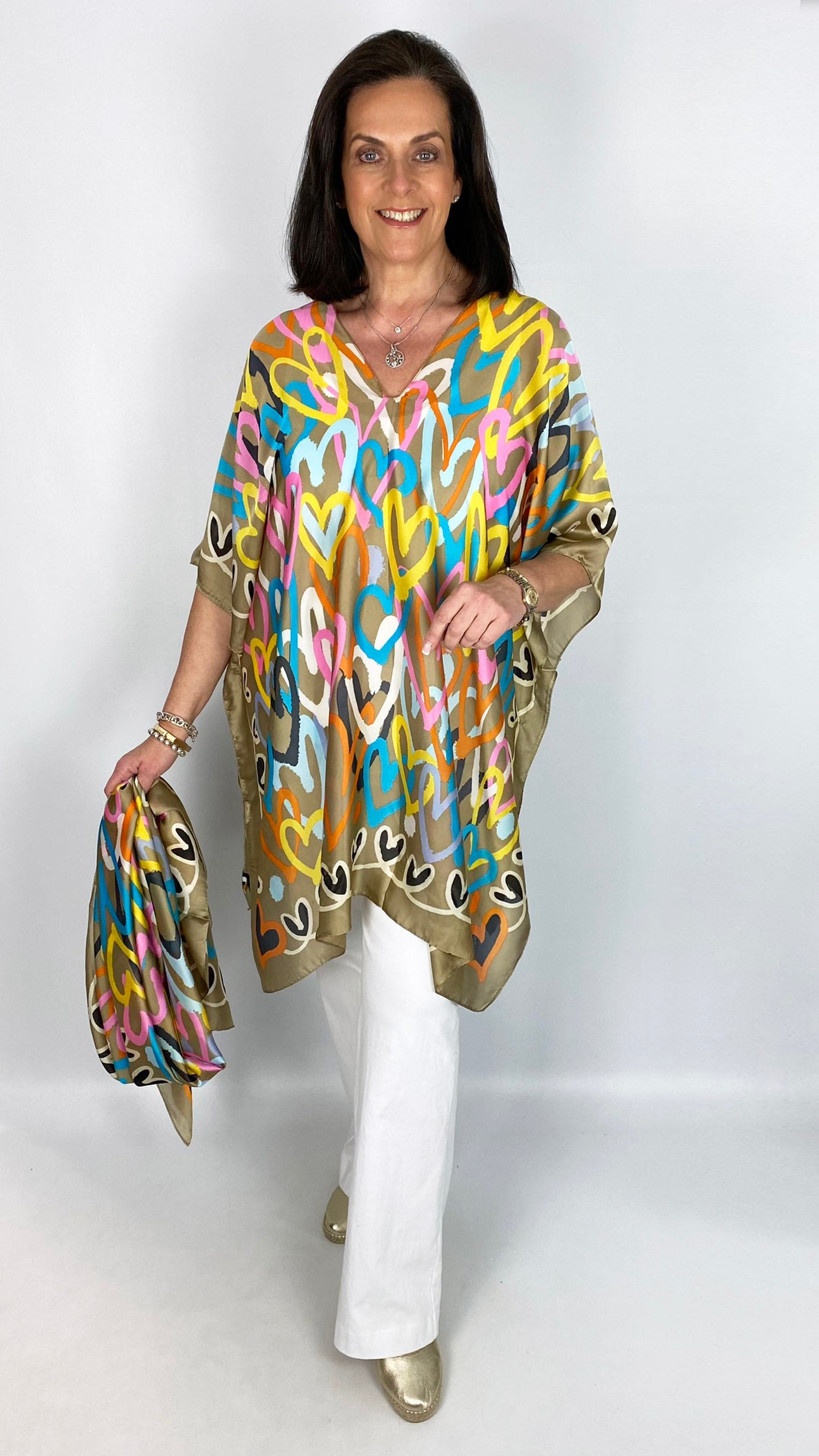 Silk feel heart print kaftan & scarf set | 3 colours | by Malissa J