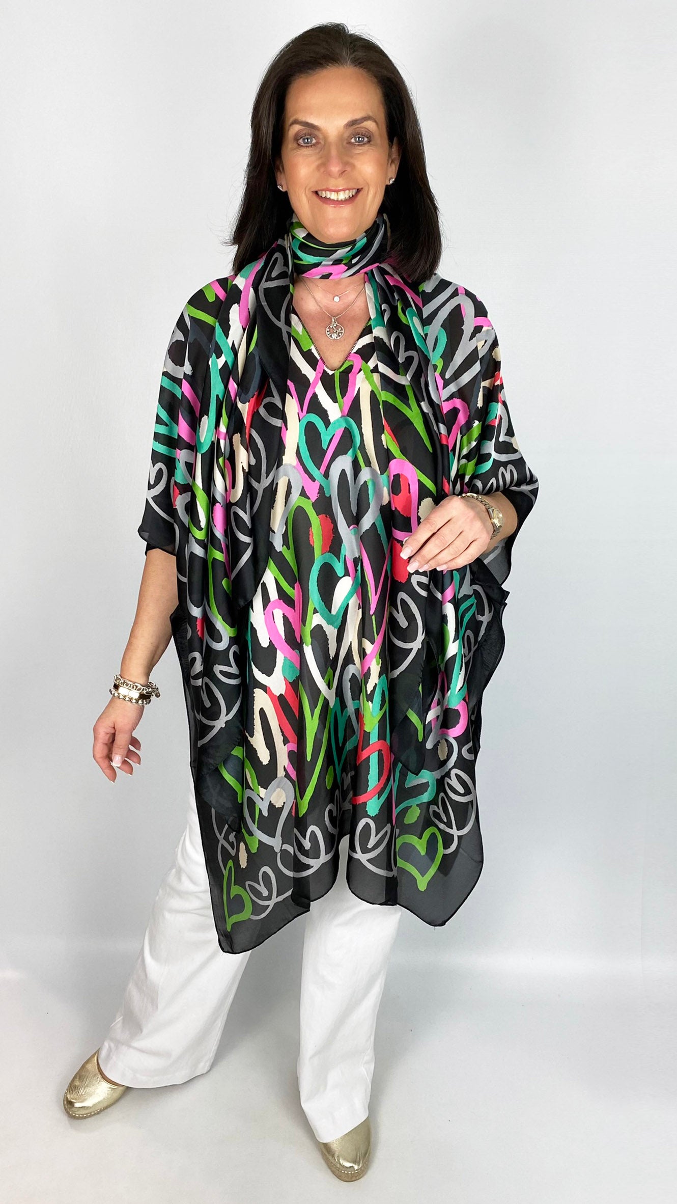 Silk feel heart print kaftan & scarf set | 3 colours | by Malissa J