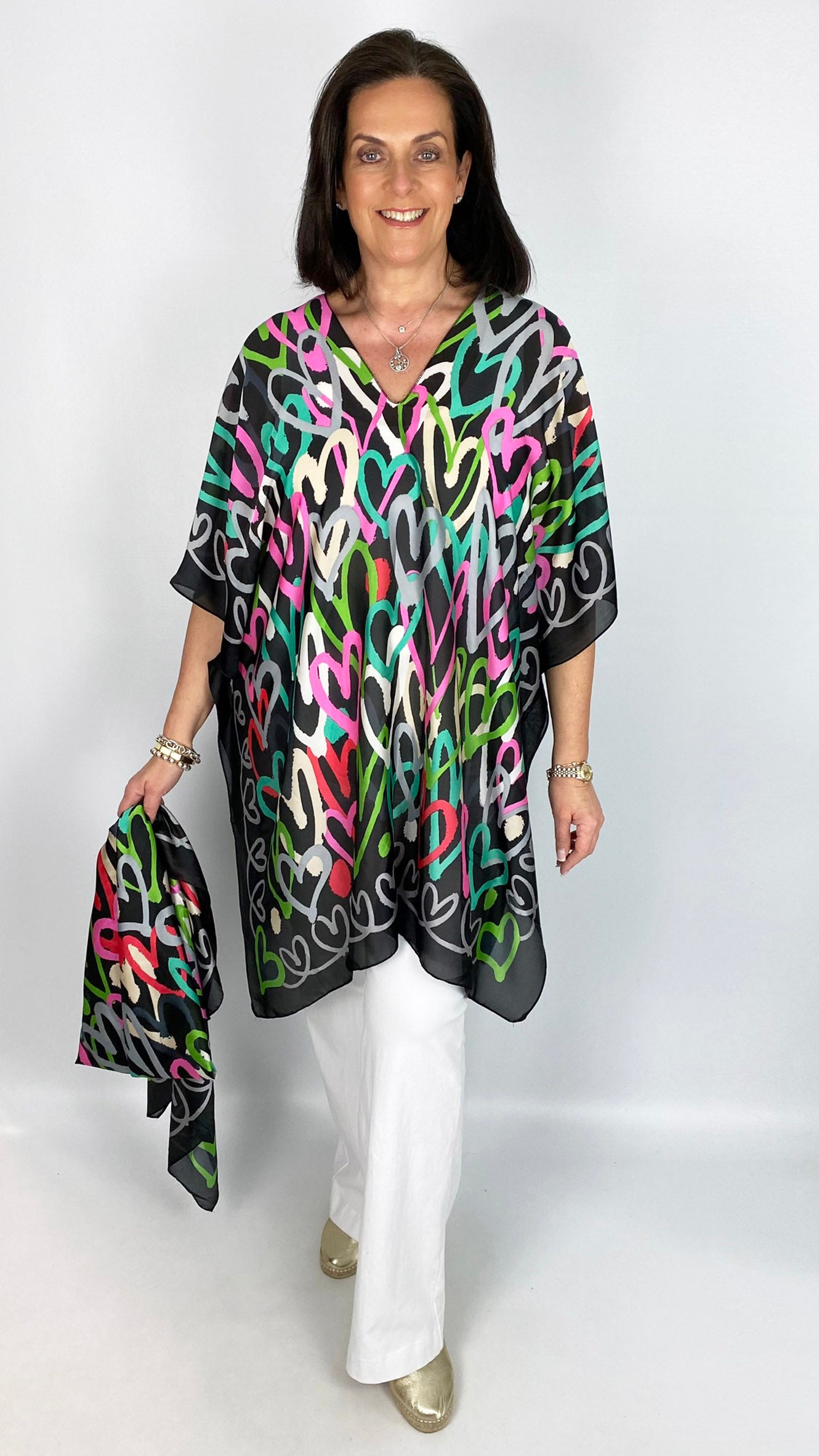 Silk feel heart print kaftan & scarf set | 3 colours | by Malissa J