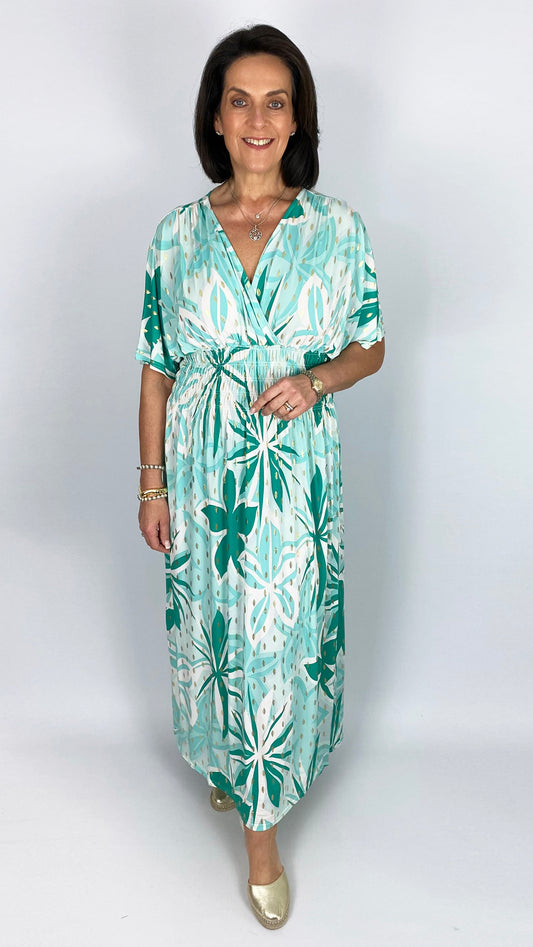 Botanical print crease-free crossover maxi dress | 2 Colours
