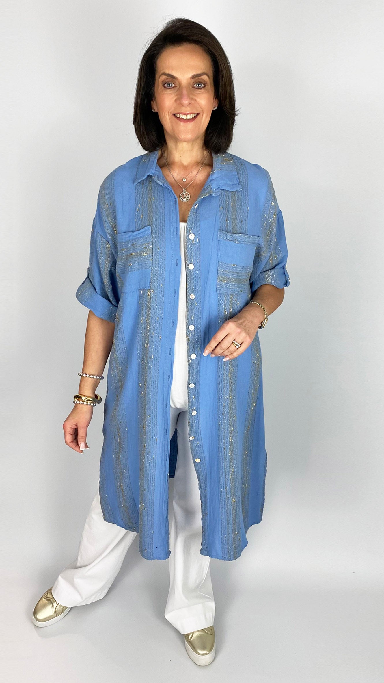 Lurex thread cotton & linen mix button-through shirtdress | 3 Colours | last 1