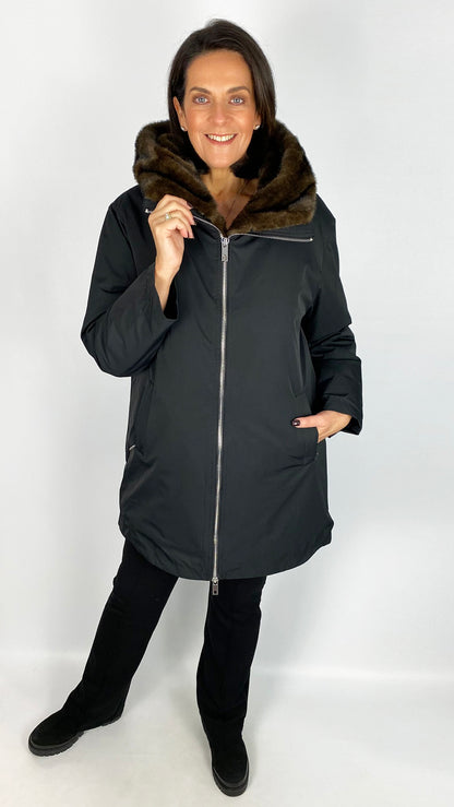 Removable faux fur trim hooded zip-through coat | Black