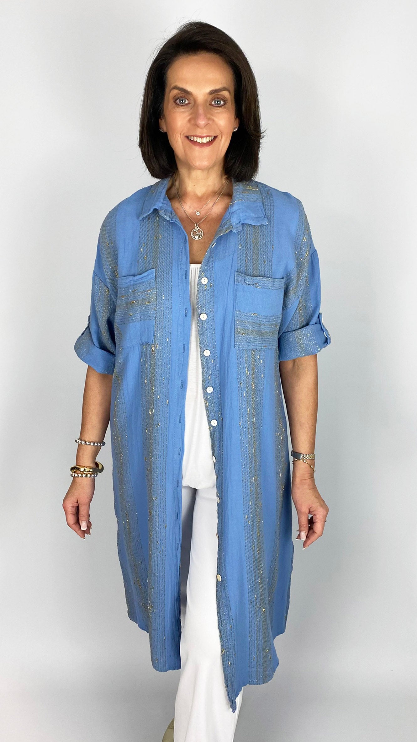 Lurex thread cotton & linen mix button-through shirtdress | 3 Colours | last 1