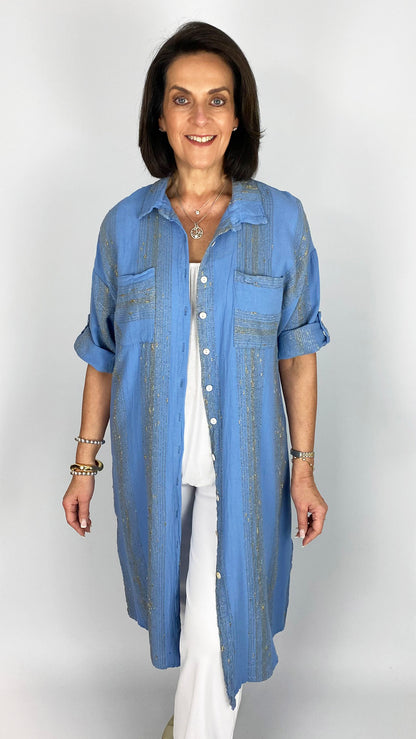 Lurex thread cotton & linen mix button-through shirtdress | 3 Colours | last 1