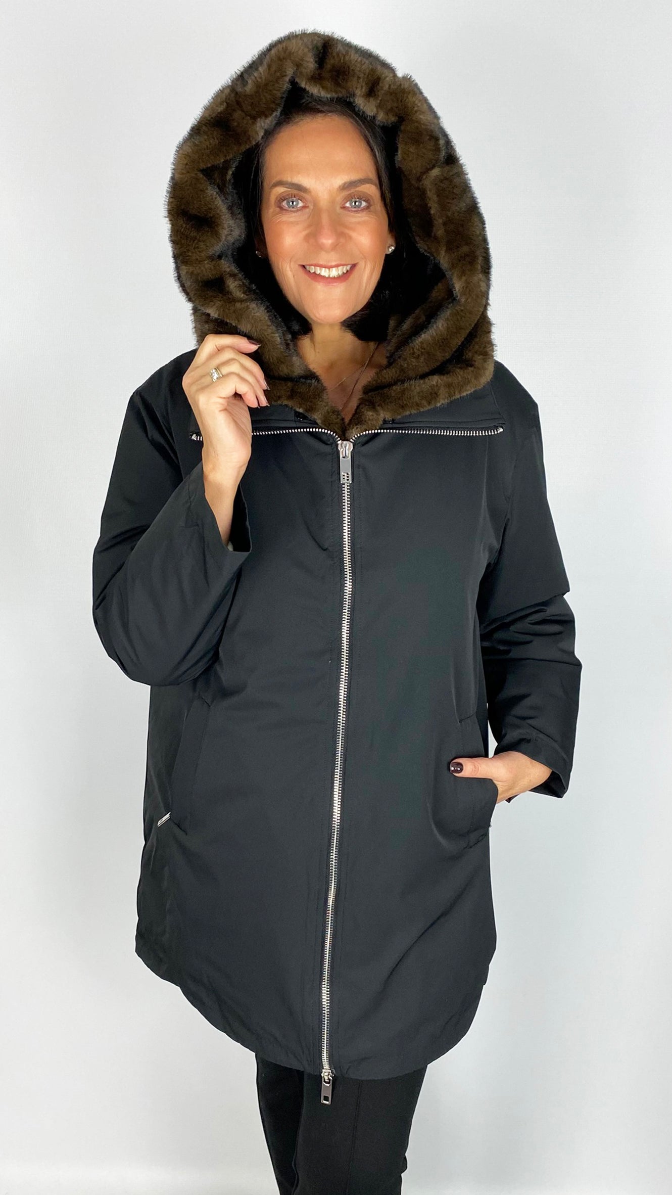 Removable faux fur trim hooded zip-through coat | Black