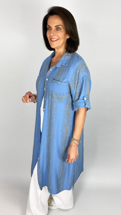 Lurex thread cotton & linen mix button-through shirtdress | 3 Colours | last 1