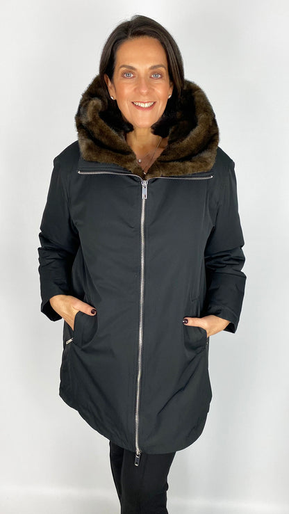 Removable faux fur trim hooded zip-through coat | Black