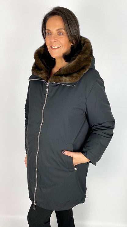 Removable faux fur trim hooded zip-through coat | Black