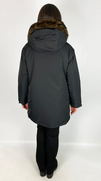 Removable faux fur trim hooded zip-through coat | Black