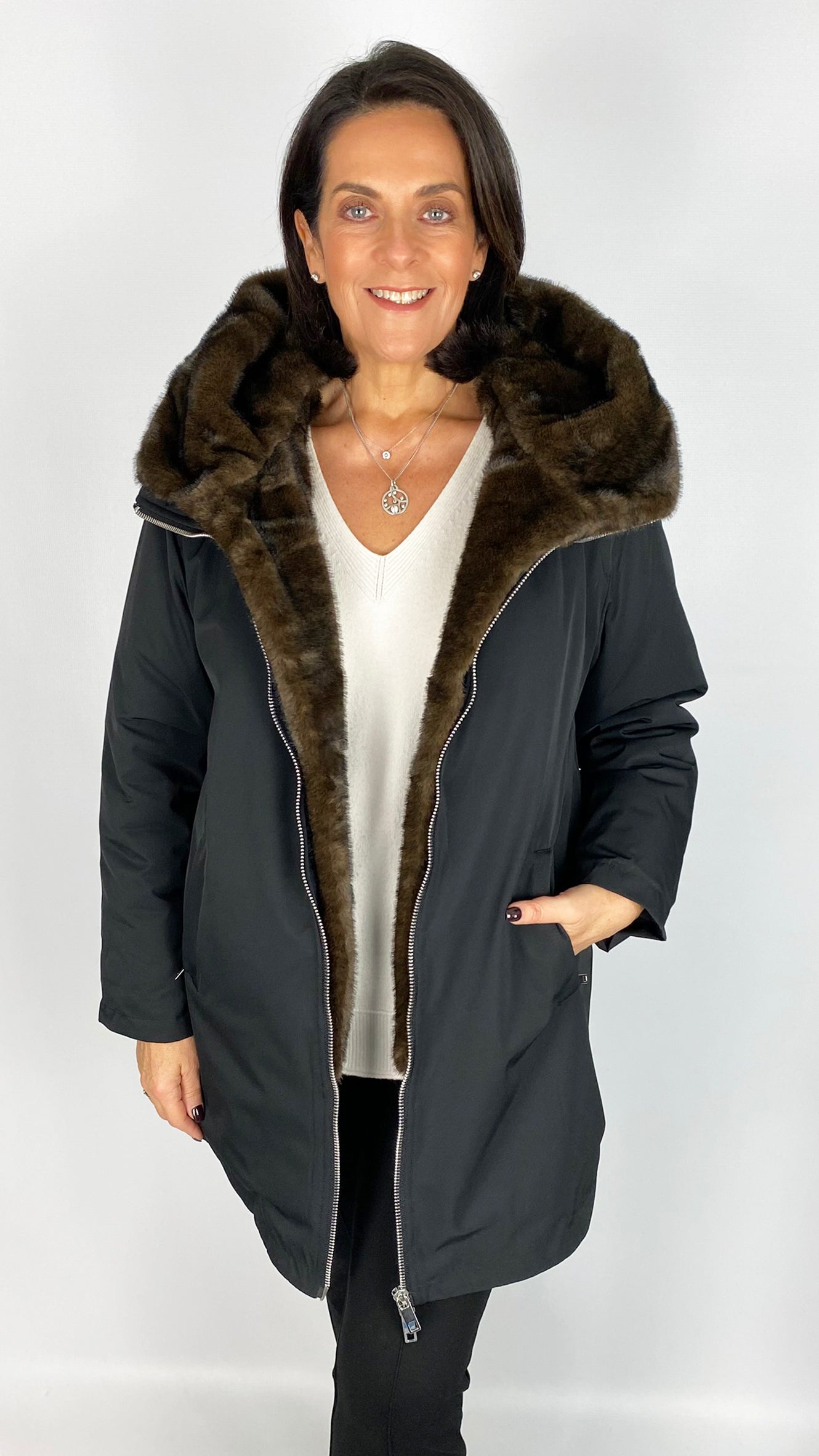 Removable faux fur trim hooded zip-through coat | Black