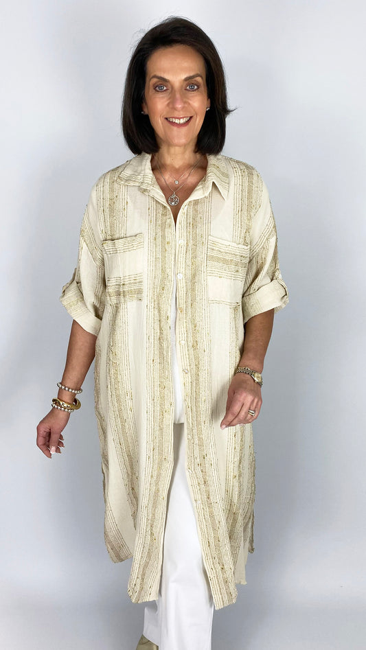 Lurex thread cotton & linen mix button-through shirtdress | 3 Colours