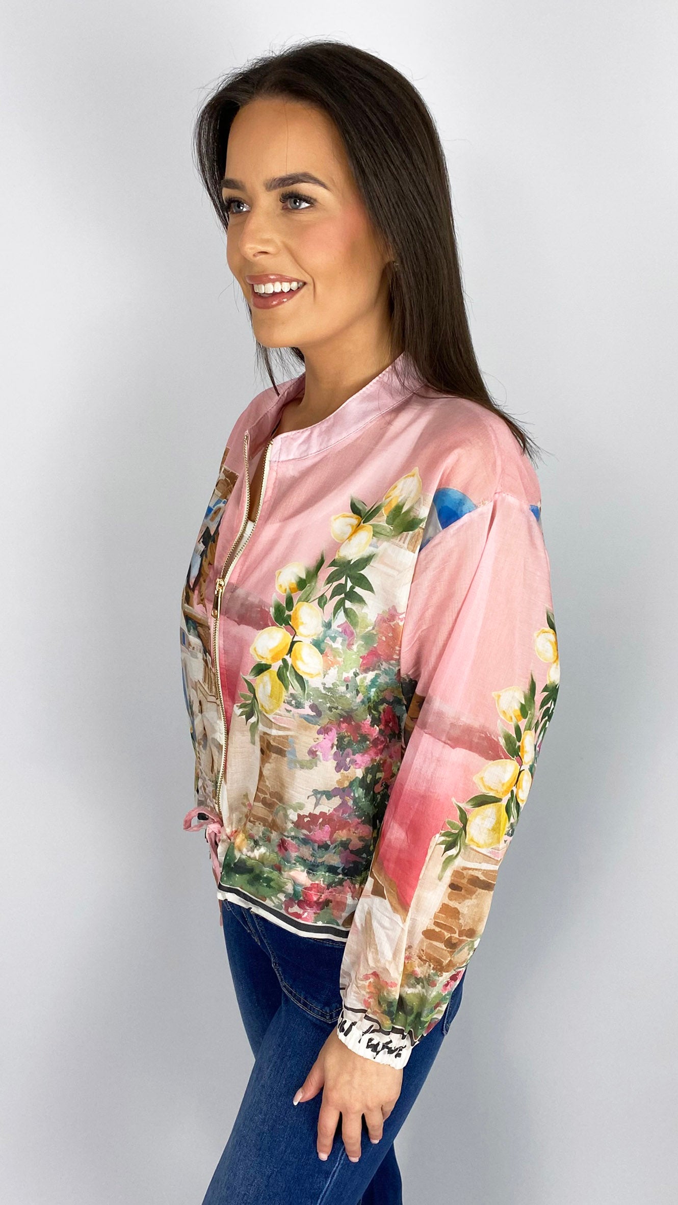 Zip-through Santorini print bomber jacket | 3 Colours