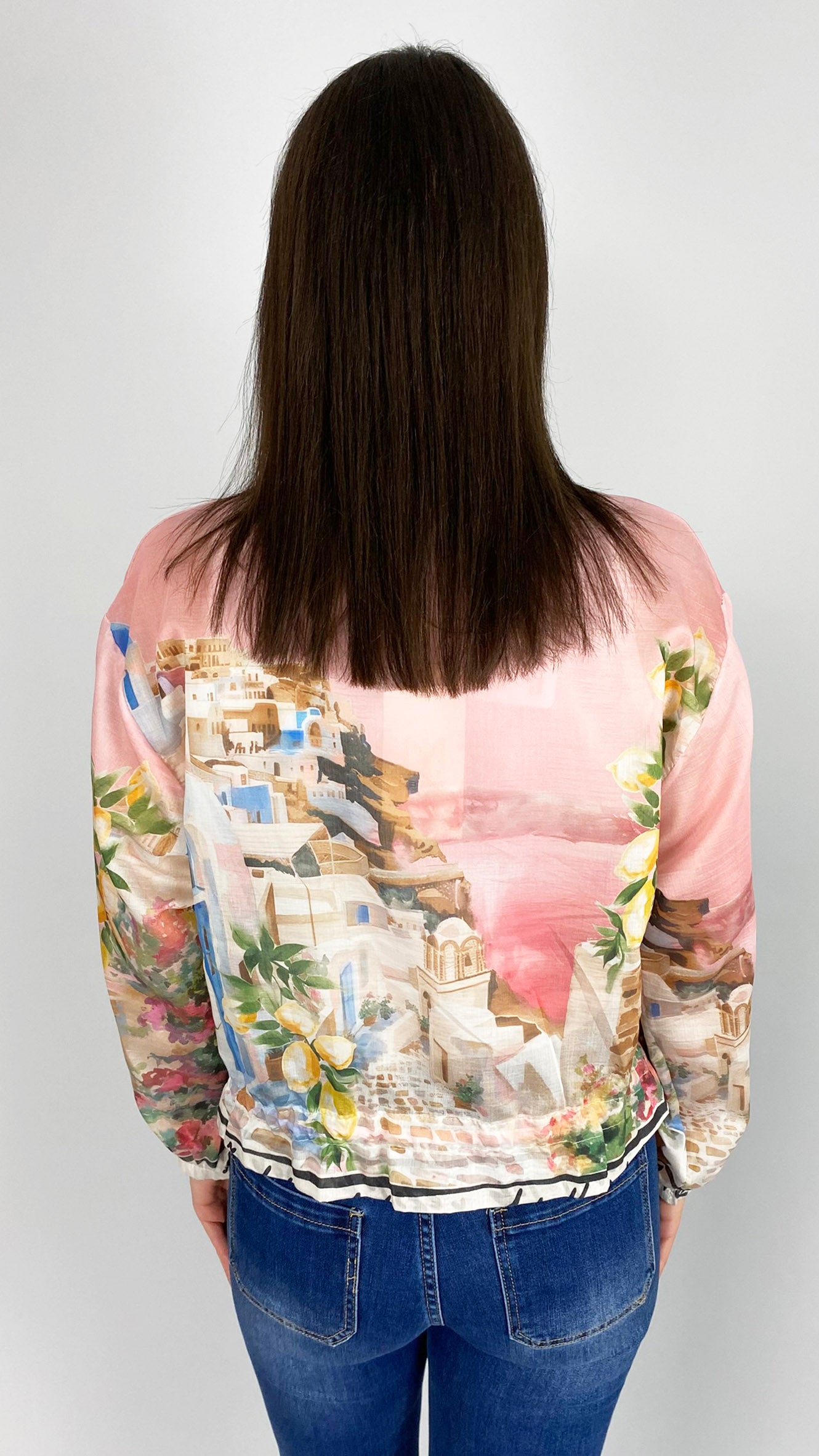 Zip-through Santorini print bomber jacket | 3 Colours