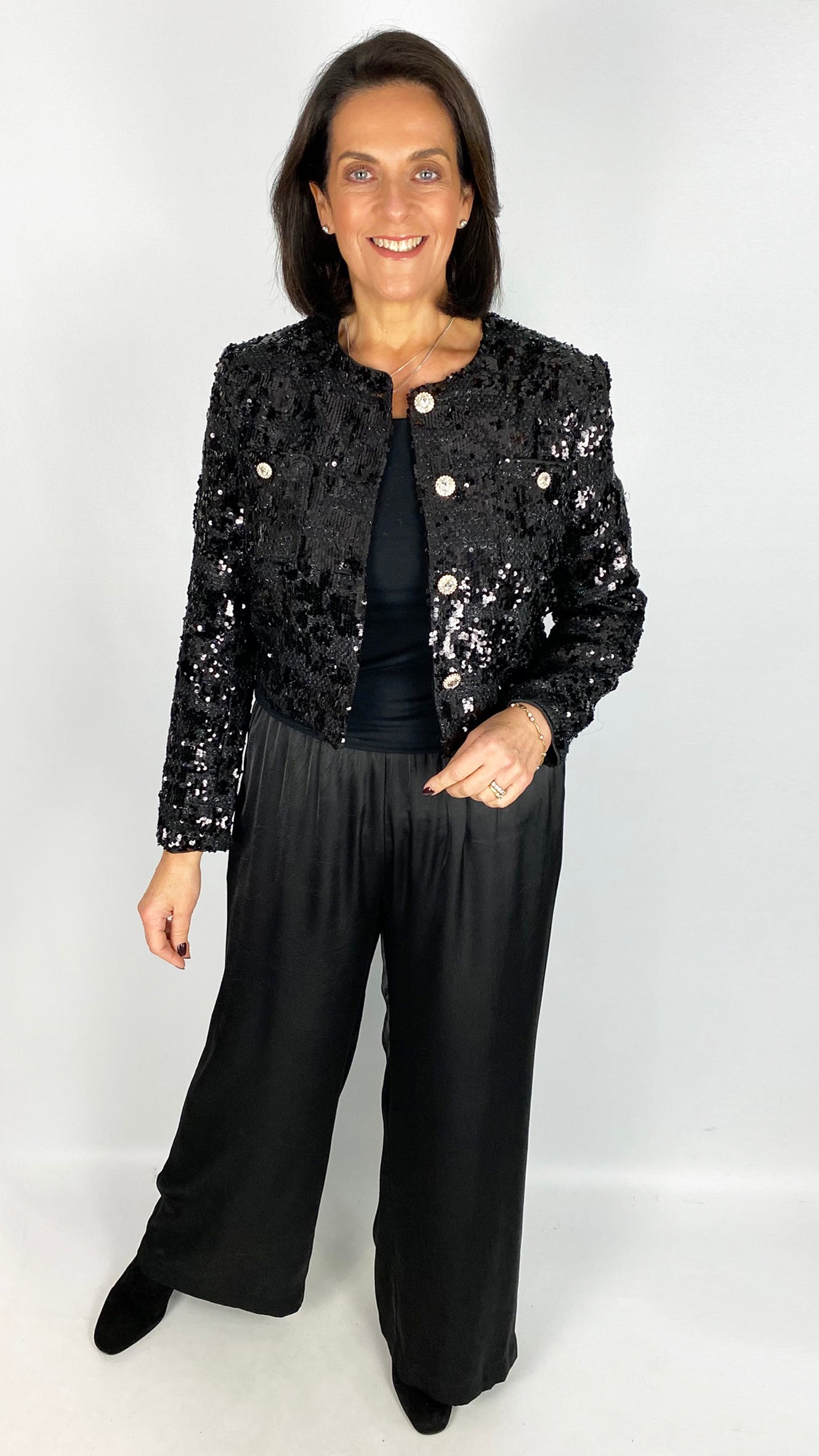 Tweed & sequin collarless jacket | Black