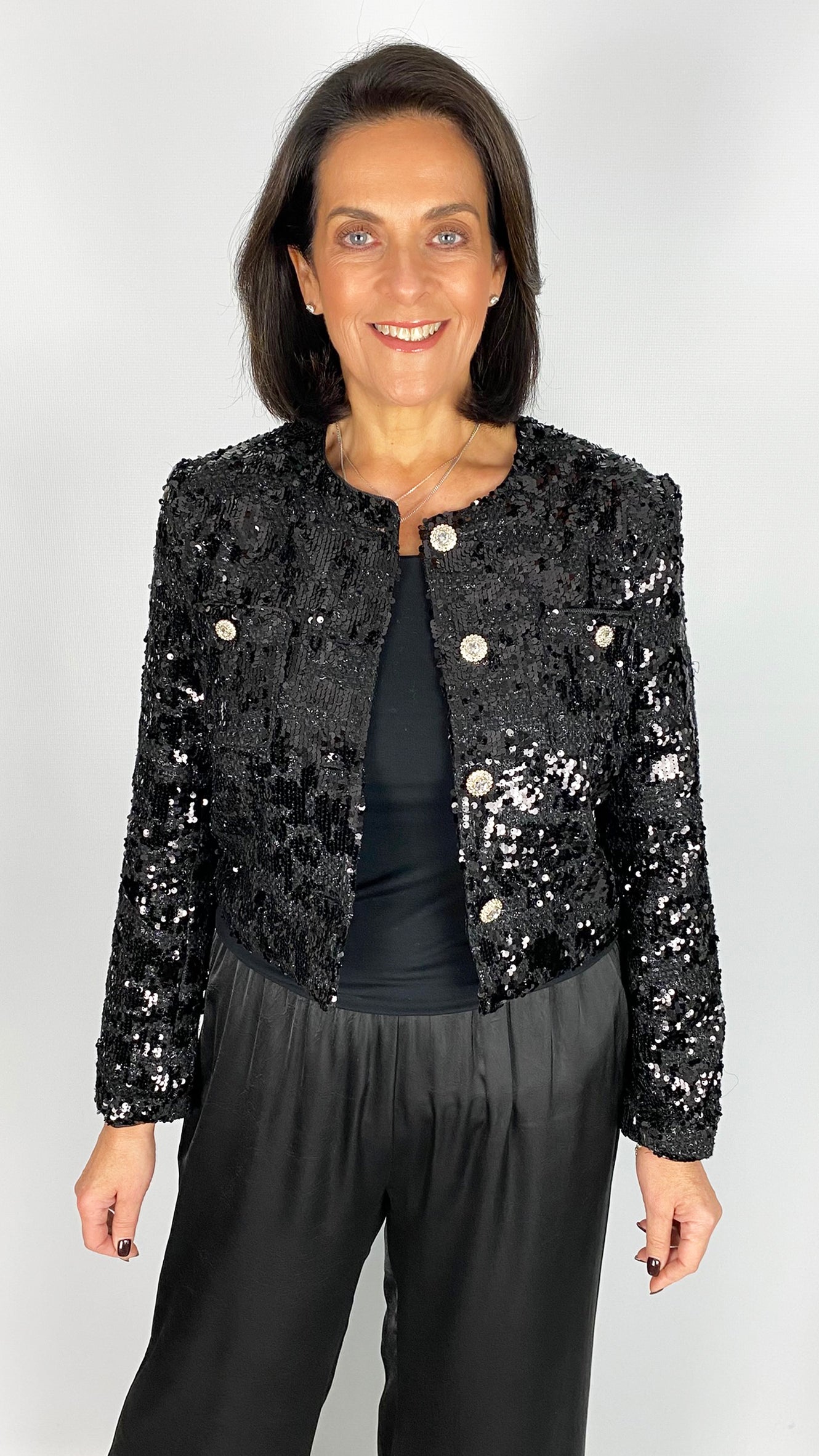 Tweed & sequin collarless jacket | Black