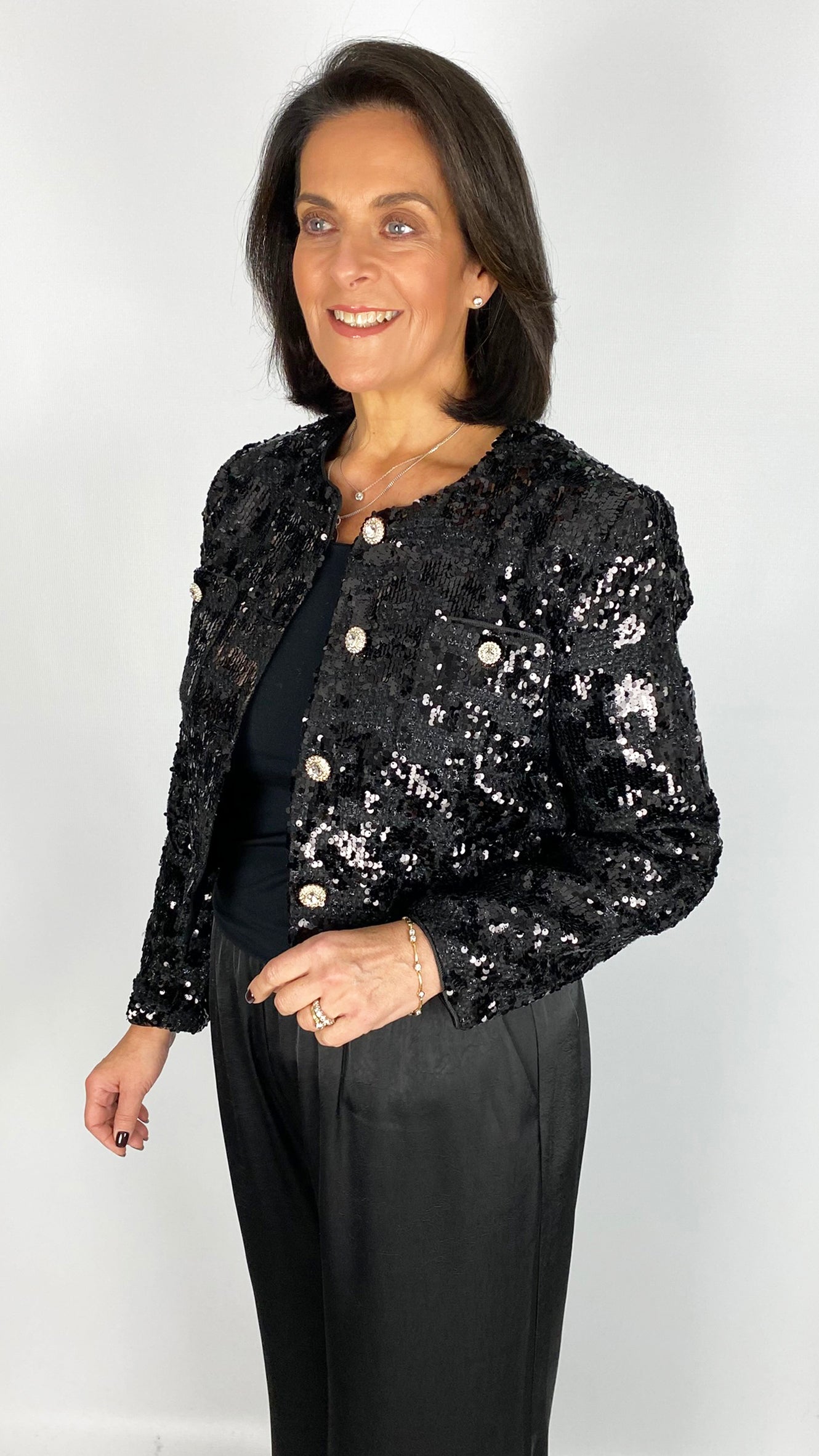 Tweed & sequin collarless jacket | Black