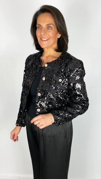 Tweed & sequin collarless jacket | Black