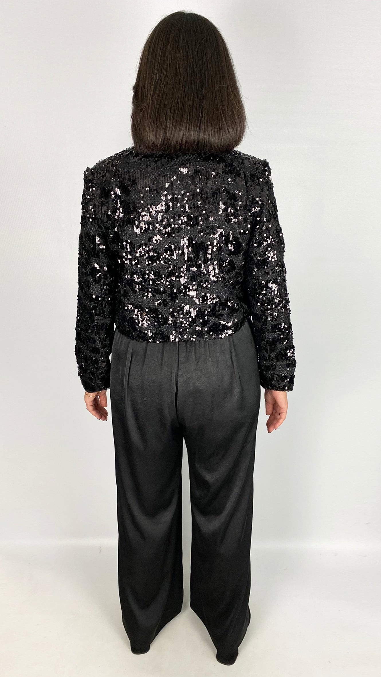 Tweed & sequin collarless jacket | Black