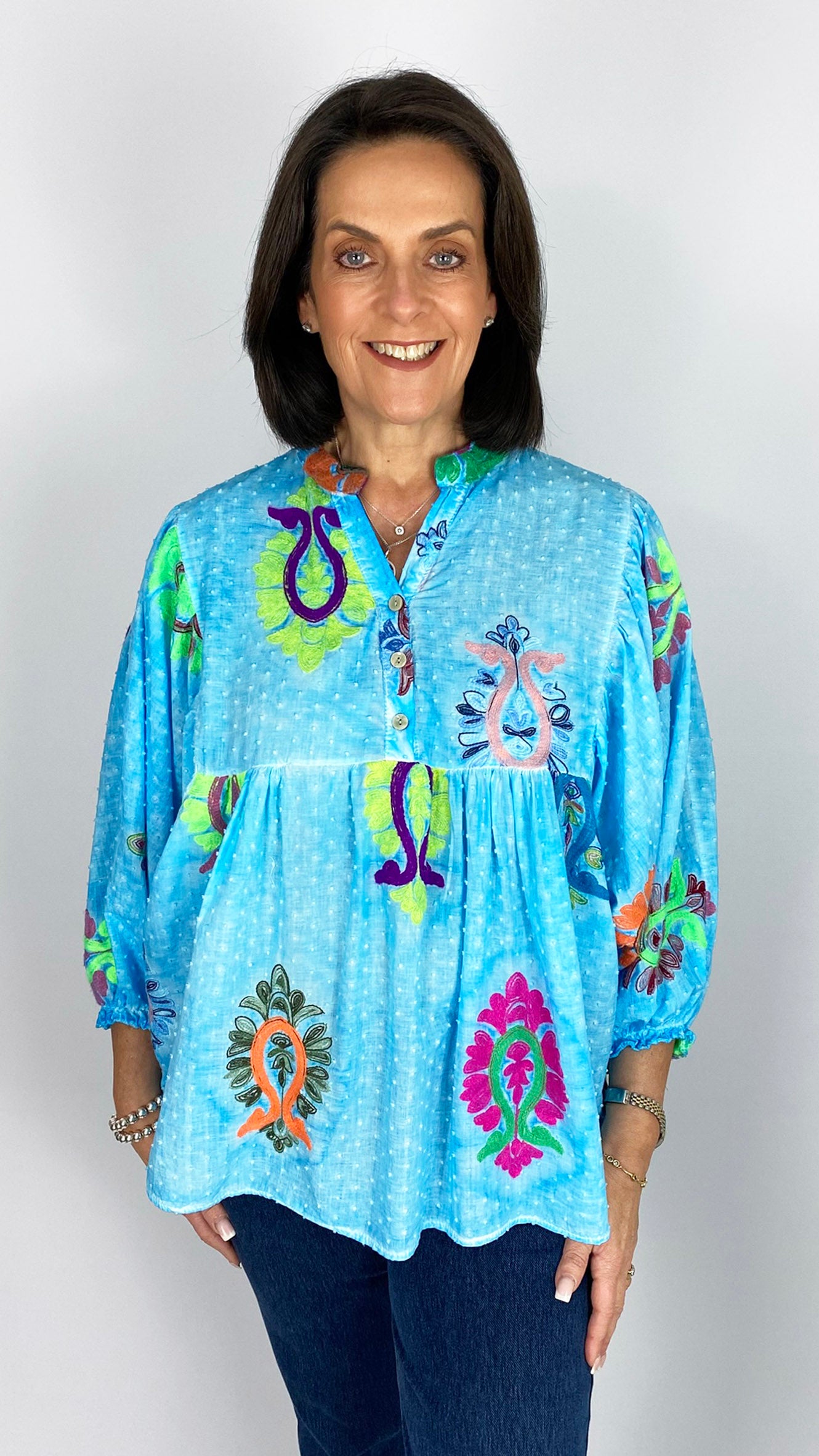 Grandad collar embroidered smock top | 3 Colours