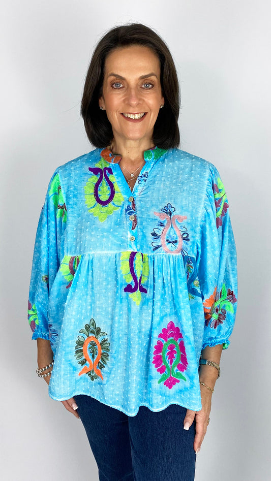 Grandad collar embroidered smock top | 3 Colours