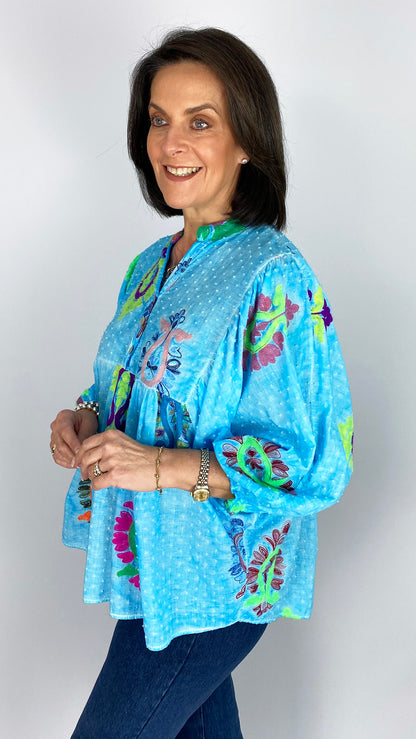 Grandad collar embroidered smock top | 3 Colours