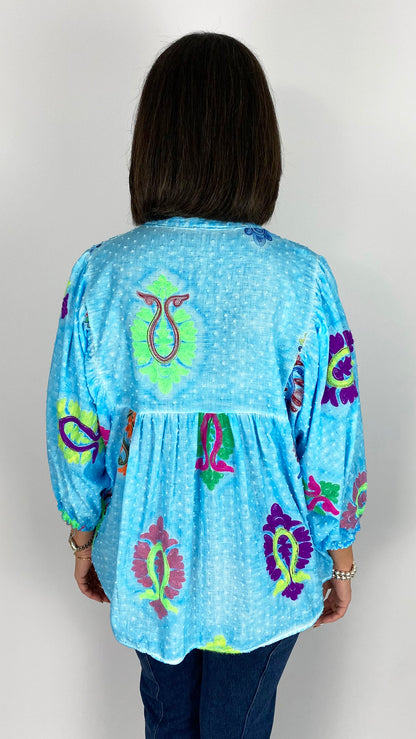Grandad collar embroidered smock top | 3 Colours