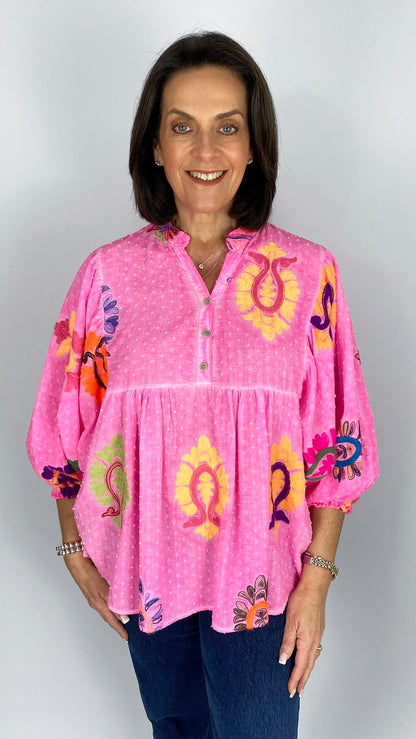 Grandad collar embroidered smock top | 3 Colours