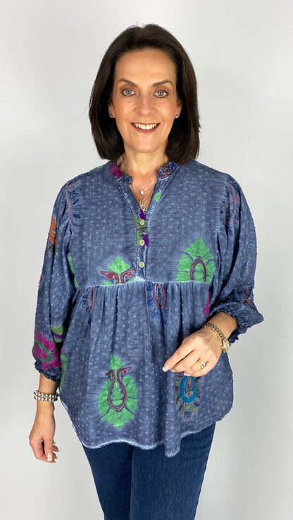 Grandad collar embroidered smock top | 3 Colours
