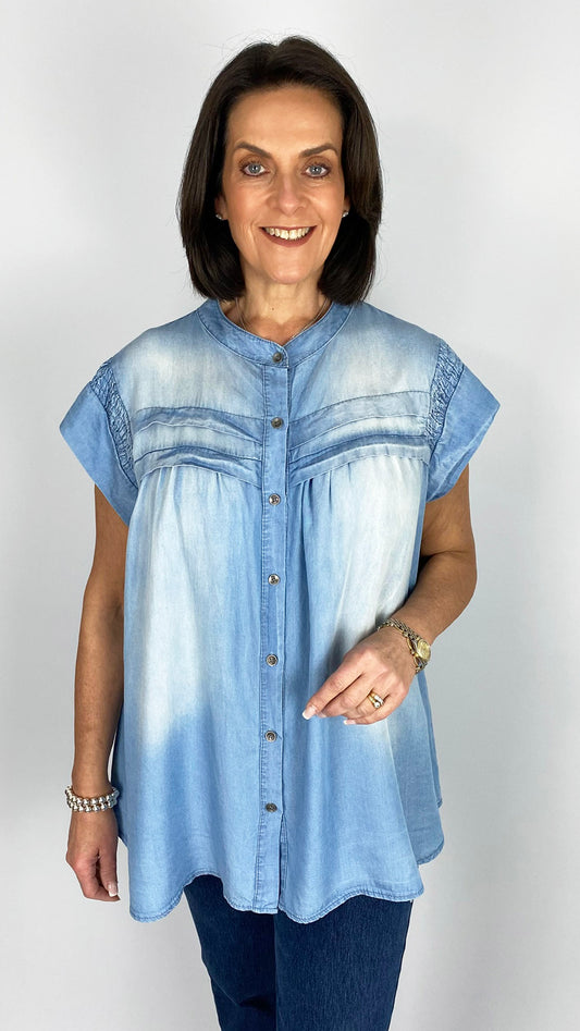 Collarless cap sleeve chambray shirt