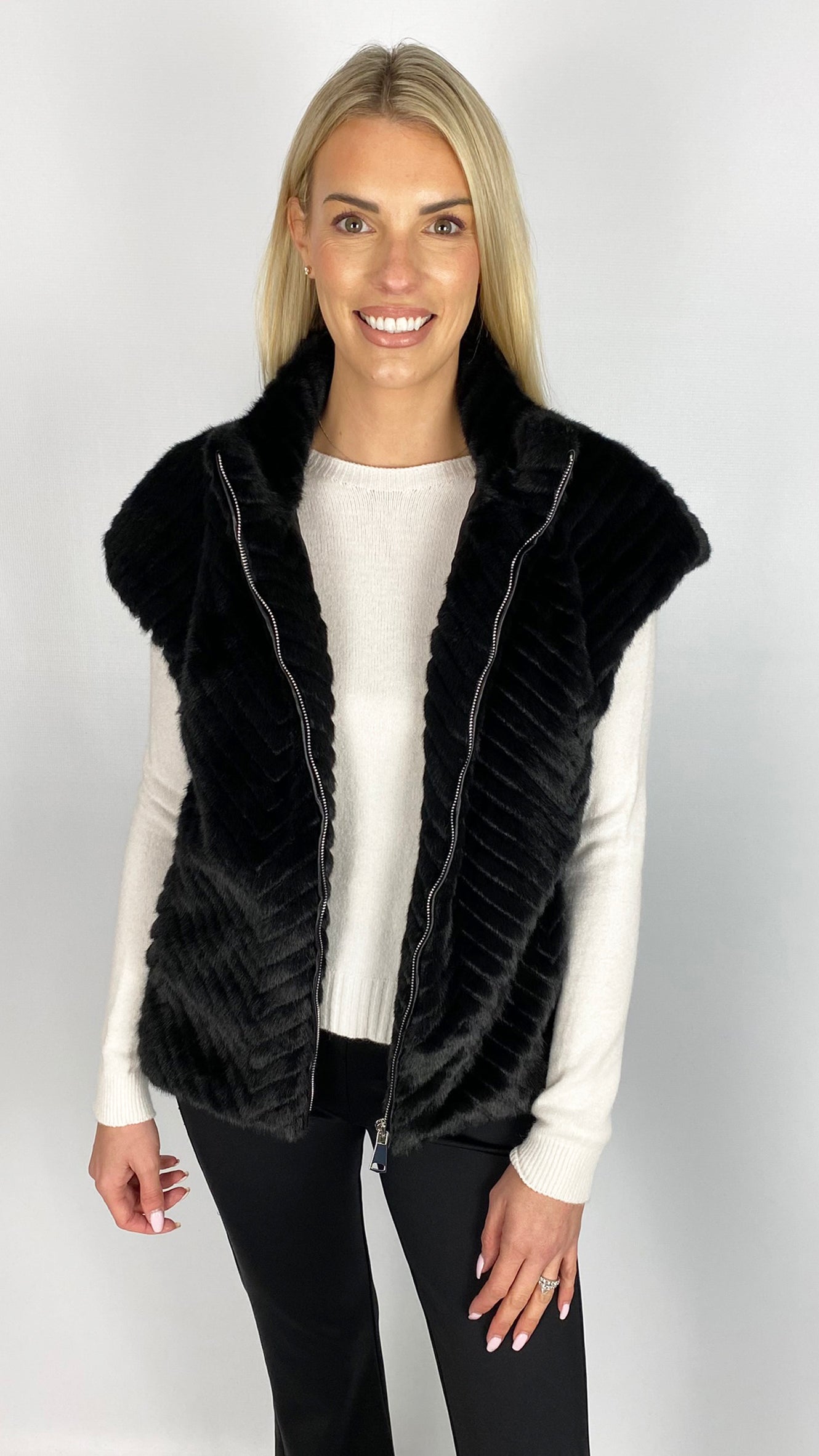 Zip-up ribbed faux fur gilet | Black | by Malissa J