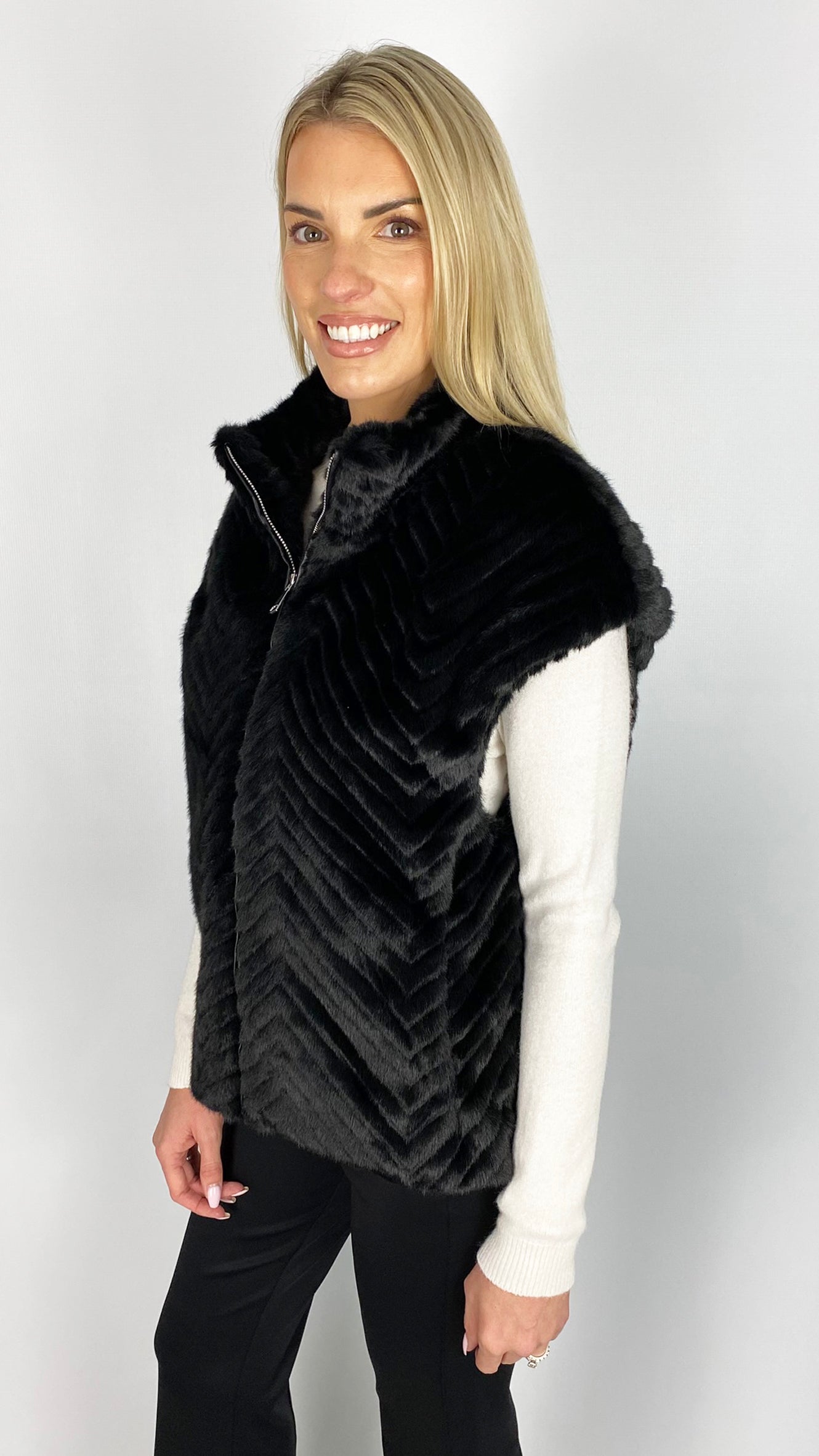 Zip-up ribbed faux fur gilet | Black | by Malissa J