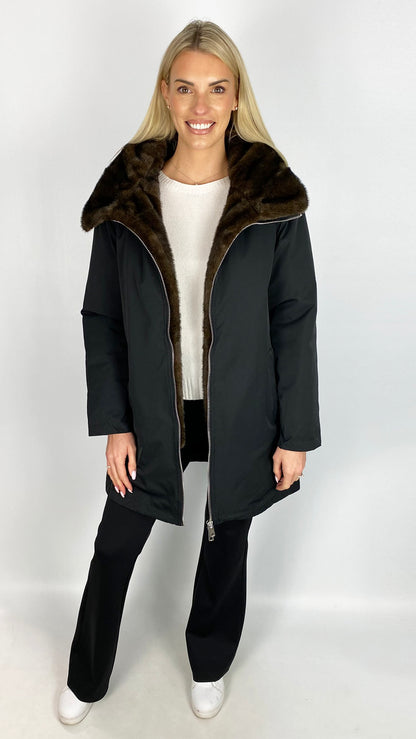 Removable faux fur trim hooded zip-through coat | Black