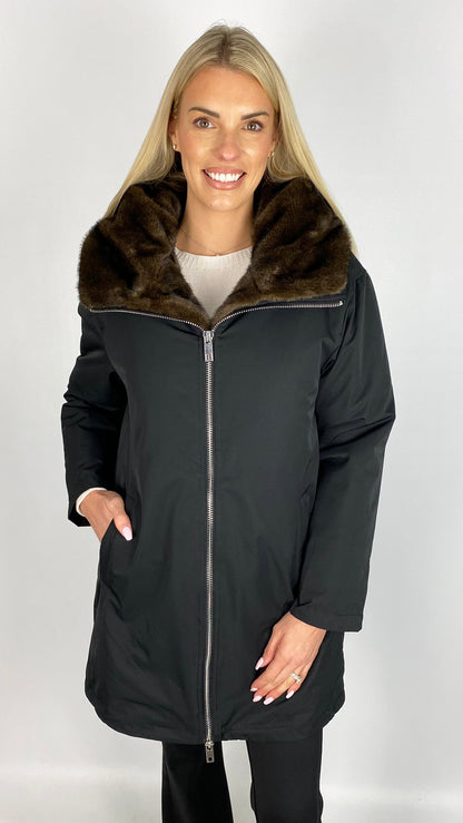 Removable faux fur trim hooded zip-through coat | Black