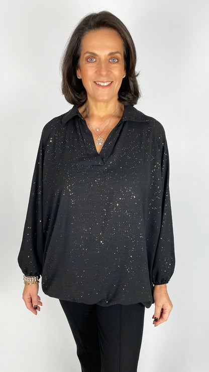 Gathered hem sparkle v-neck collar blouse | 4 Colours
