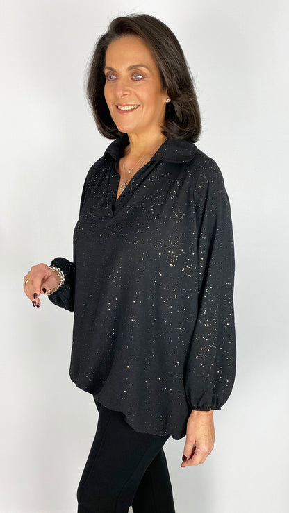 Gathered hem sparkle v-neck collar blouse | 4 Colours