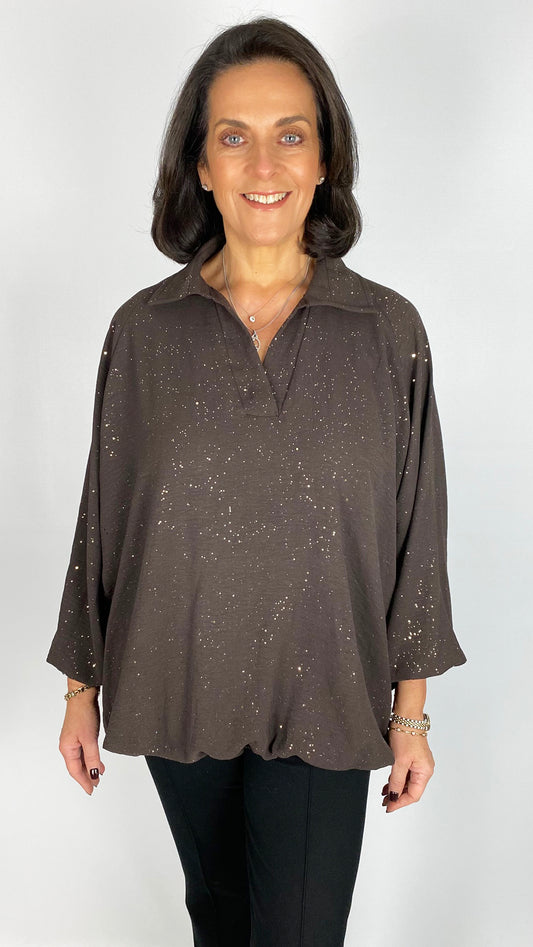 Gathered hem sparkle v-neck collar blouse | 4 Colours