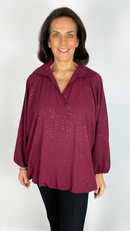 Gathered hem sparkle v-neck collar blouse | 4 Colours