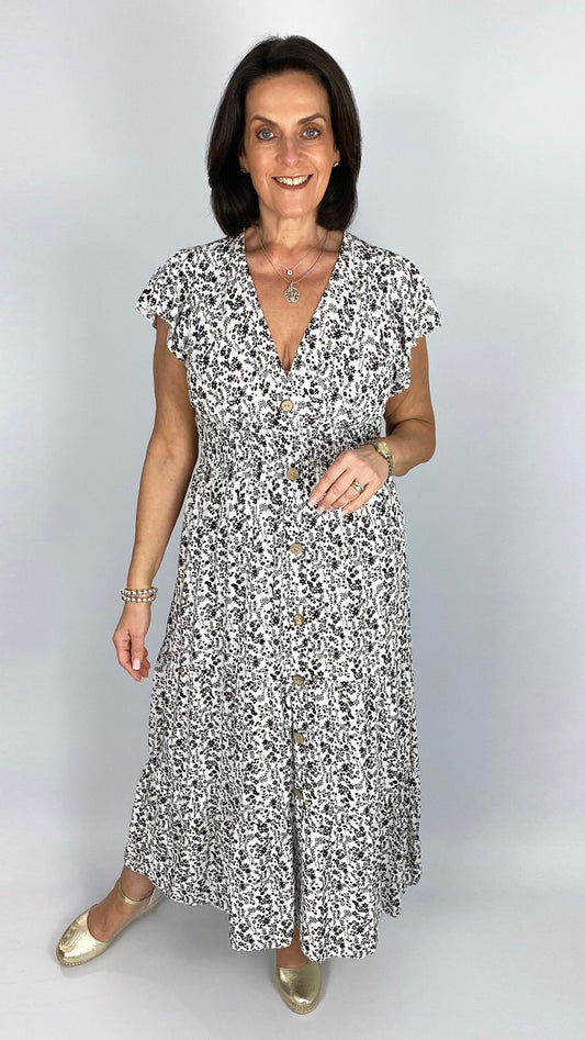 Ditsy print shirred waist v-neck dress | Black/White